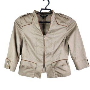 Womens Beige WHBM Jacket V Neck Zip Up 3/4 Sleeves & Button Accents Size M